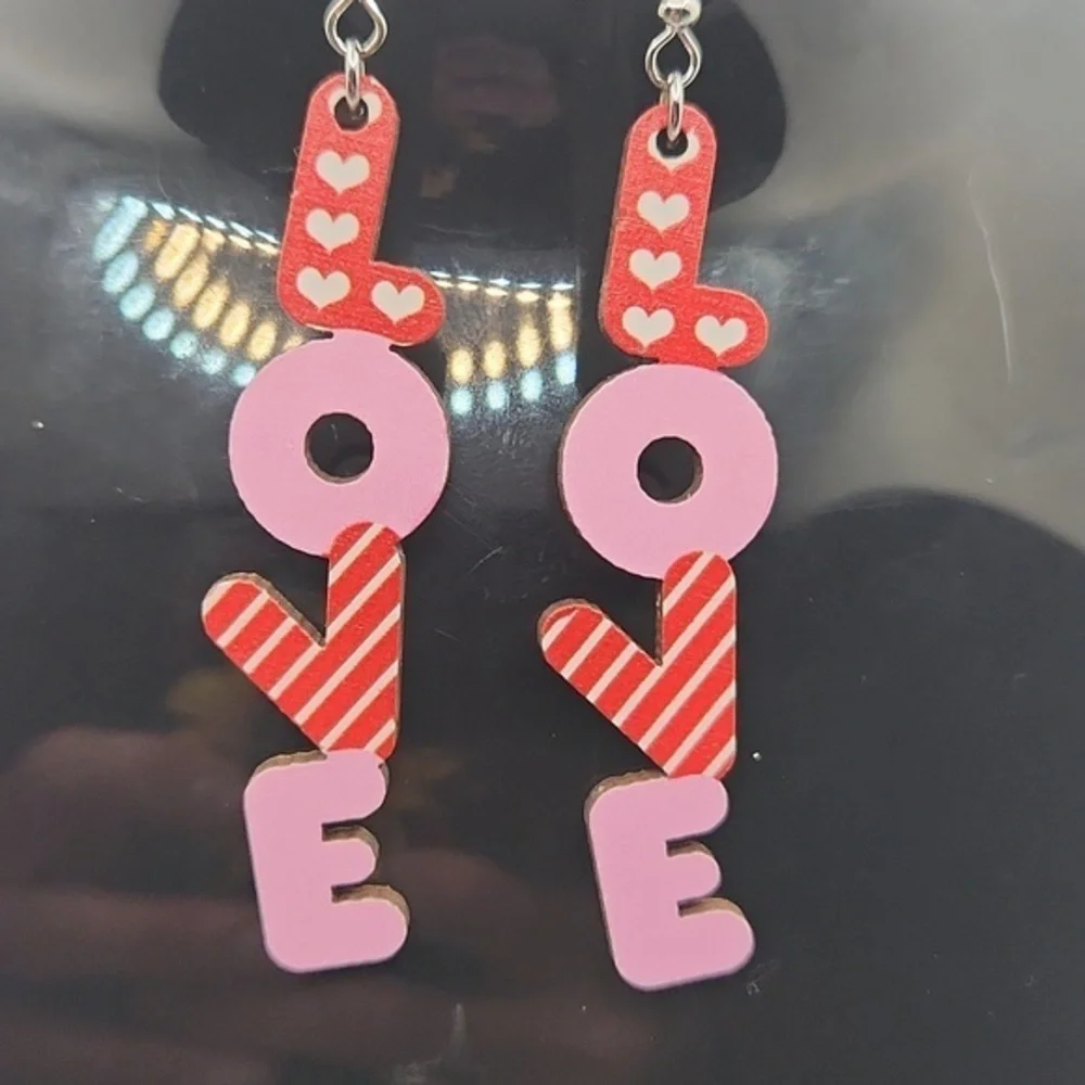 Valentines‎ Day Jewelry Love Heart Letters Womens Dangle Wooden Earrings